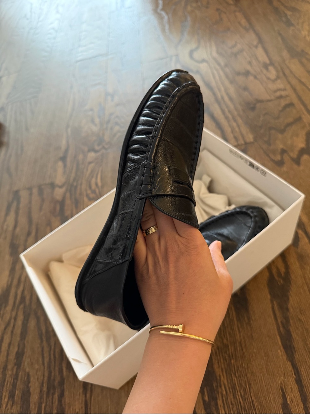 Saint Laurent Black Leather Penny Loafers with Gold Monogram - Picture 6 of 9